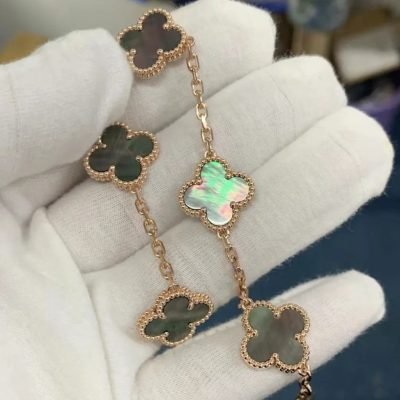 灰贝母玫瑰金四叶草五花手链