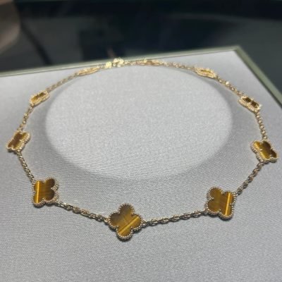 虎眼石金色四叶草十花项链